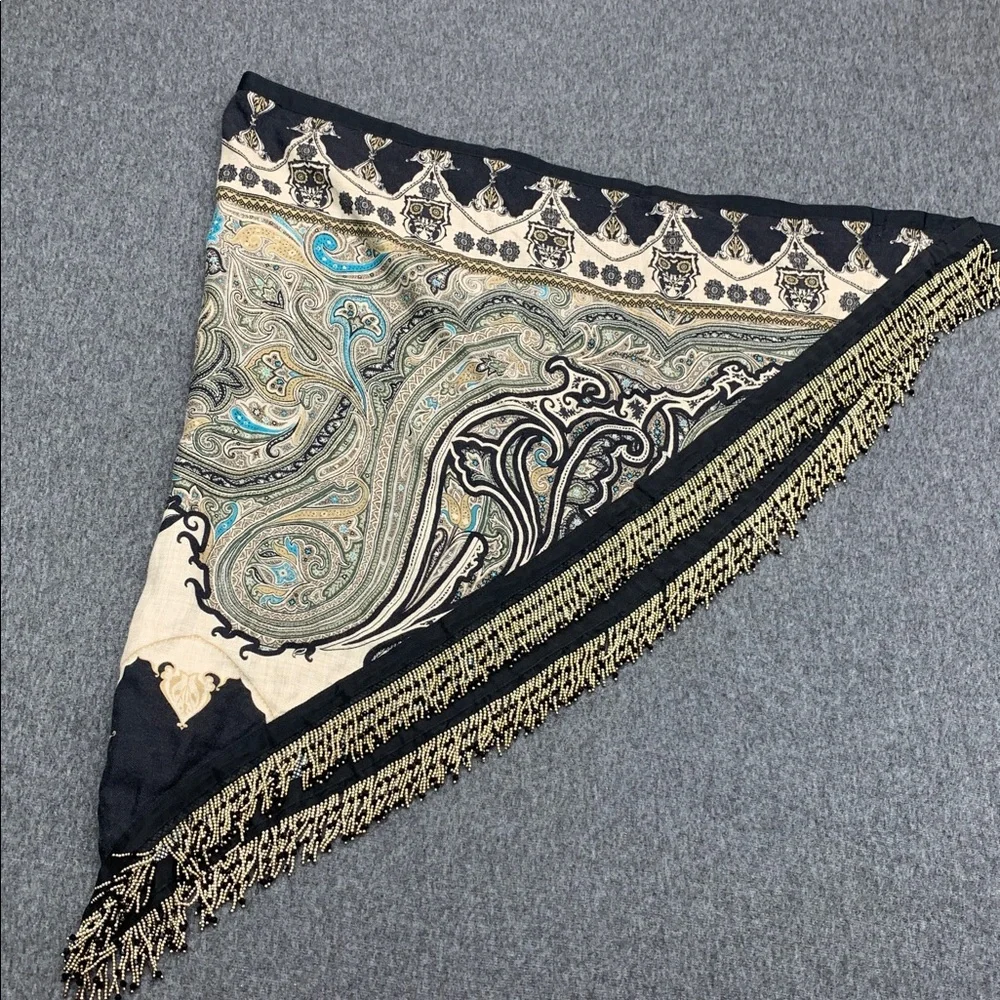 ETRO MIlano Triangular Paisley Print CASHMERE & SILK Scarf Tassel in Teal/Black - Picture 2 of 6